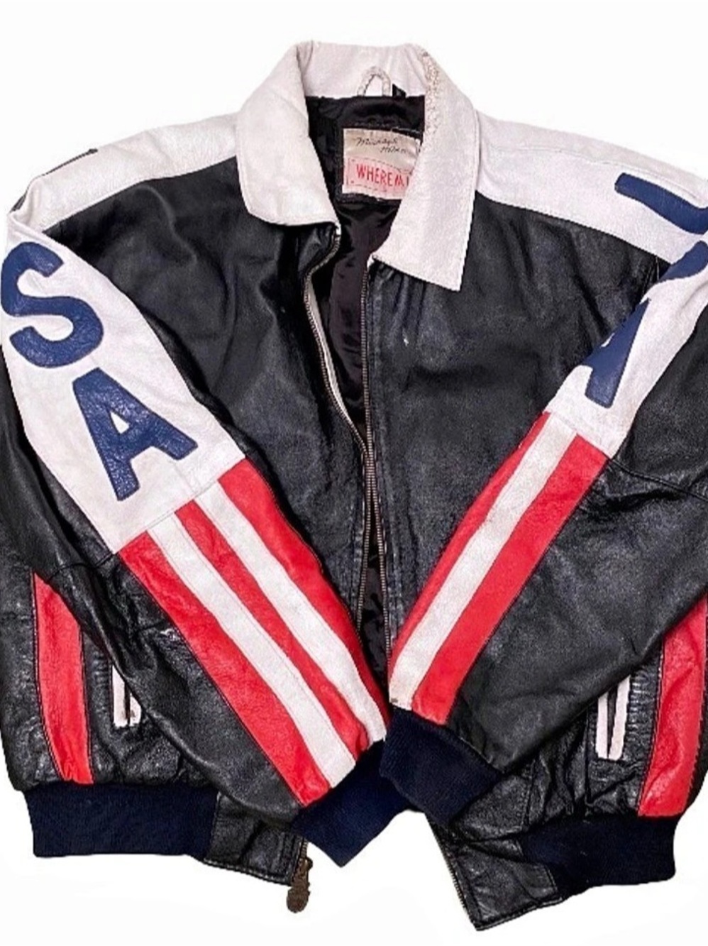 Vintage Michael Hoban Where M I leather USA patriotic motorcycle jacket large